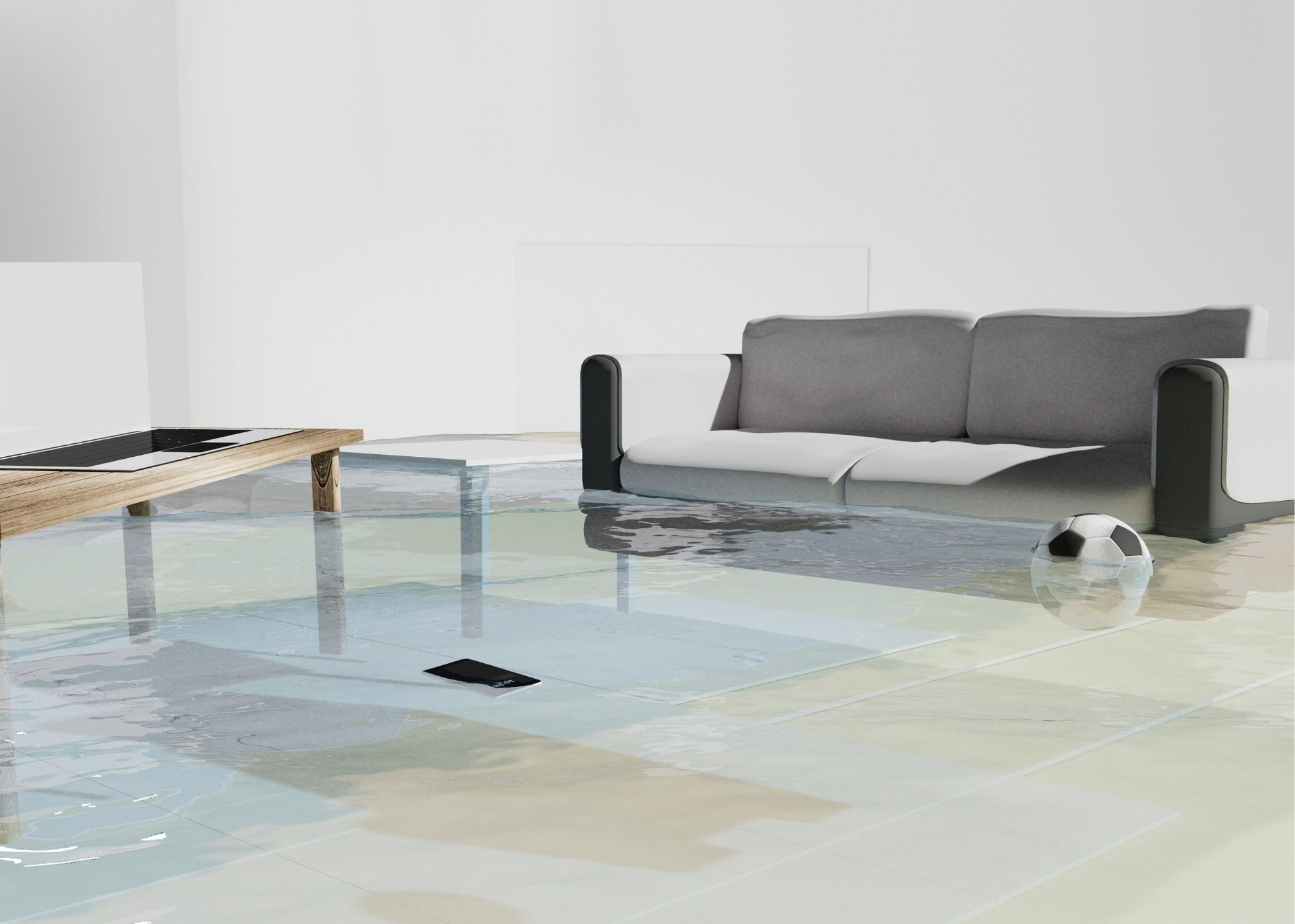 Standing water flooding a living room in an Overland Park, KS home